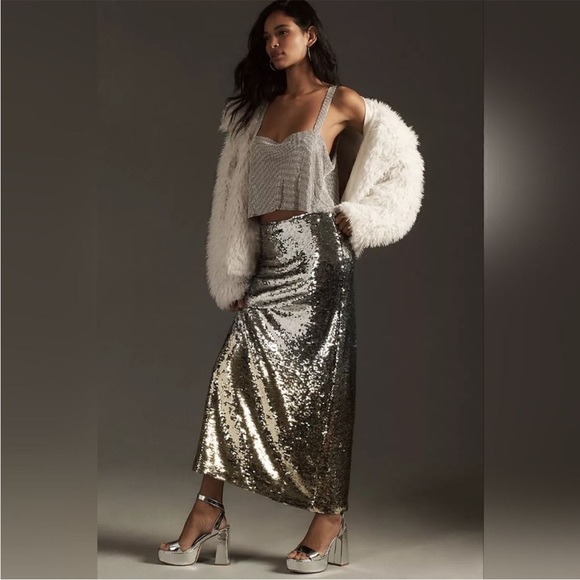 Anthropologie Dresses & Skirts - By Anthropologie Low-Rise Sequin Maxi Skirt silver yellow Sz XXS